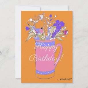 Orange Colourful Happy Birthday Flowers In Mug  Holiday Card