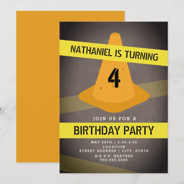 Orange Cone Caution Tape Construction Birthday Invitation (Front/Back)