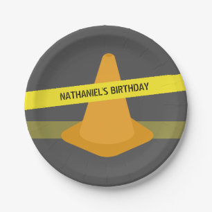 Orange Cone Caution Tape Construction Birthday Paper Plate
