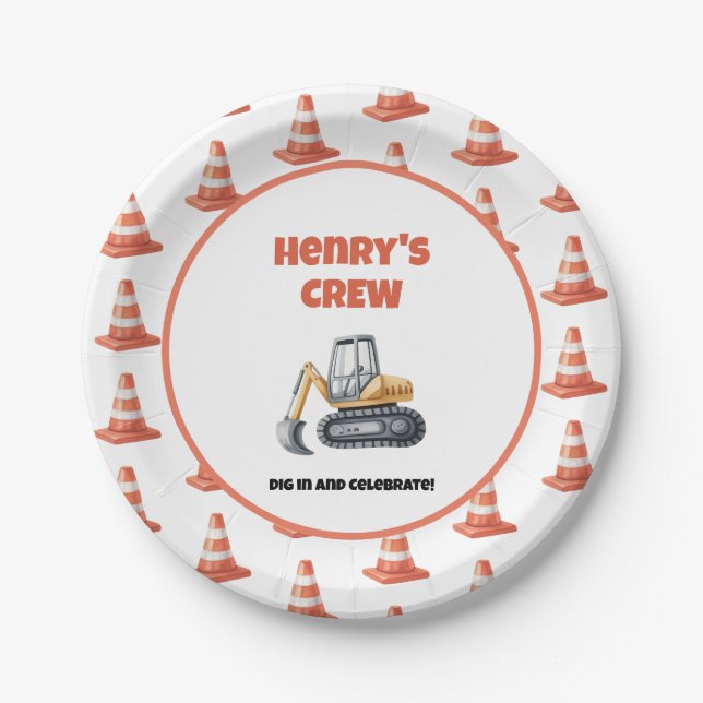 Orange Cone Construction Digger Name Boy Birthday Paper Plate (Front)