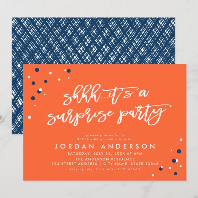 Orange Confetti It's a Surprise Party Birthday Invitation (Front/Back)