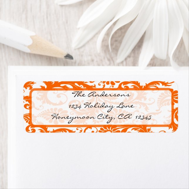 Orange Coral Damask Black Calligraphie Adresse (En situation)