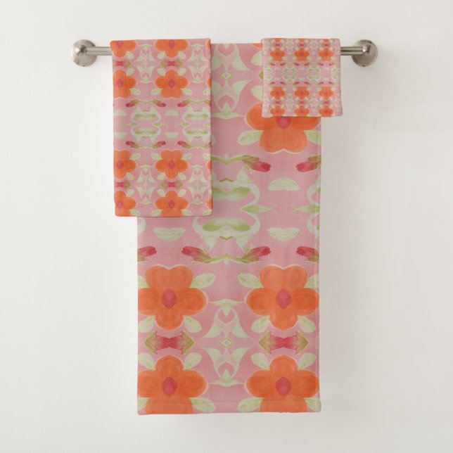 Orange Coral Pink and Olive Bath Towel Set (Insitu)