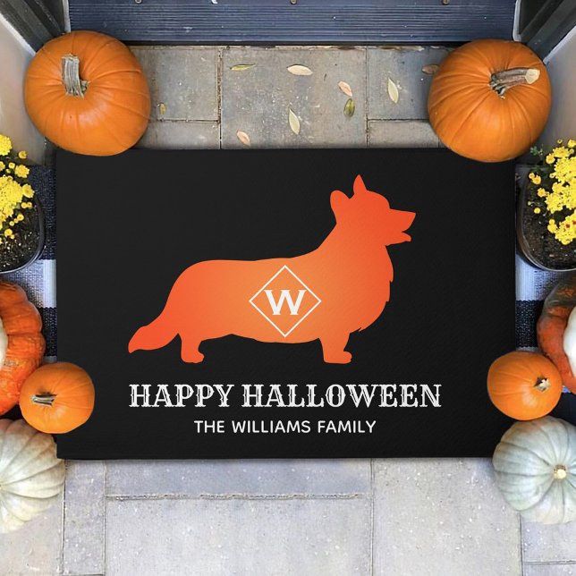 Orange Corgi Happy Halloween Family Name Doormat (Creator Uploaded)