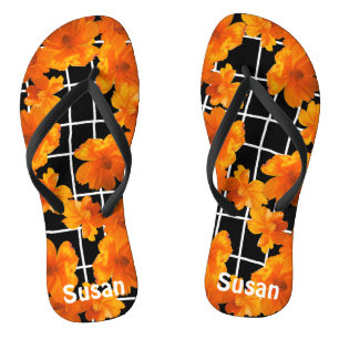 Orange Cosmos Flower Graphic Black White Flip Flops