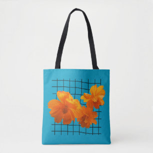 Orange Cosmos Flower on Black Grid on Turquoise Tote Bag
