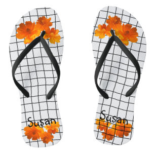 Orange Cosmos Flower on Black Grid on White Flip Flops