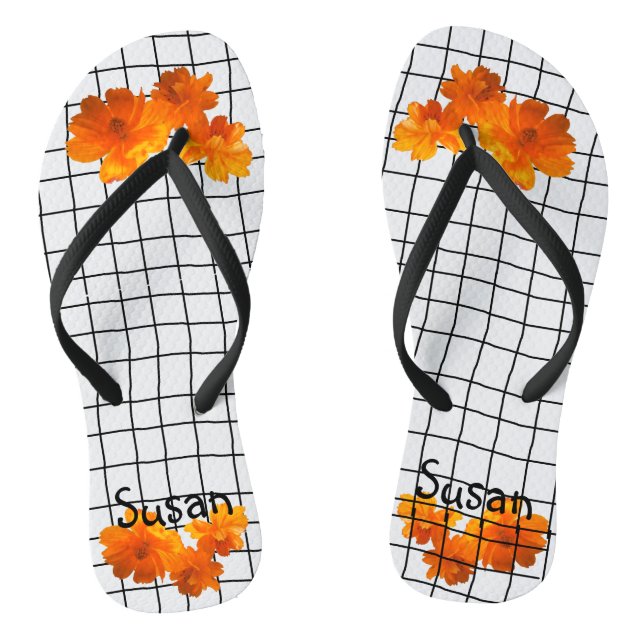 Orange Cosmos Flower on Black Grid on White Flip Flops (Footbed)