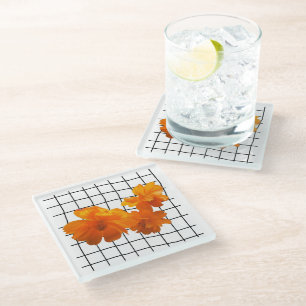 Orange Cosmos Flower on Black Grid on White Glass Coaster