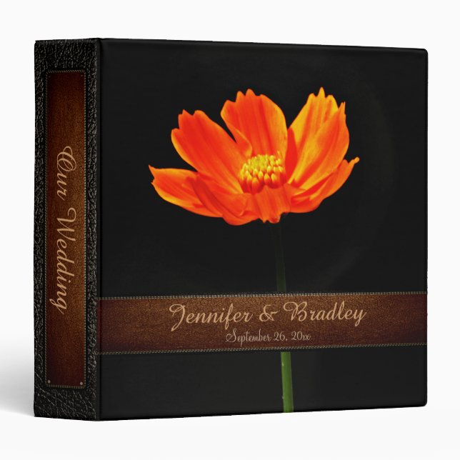 Orange Cosmos Flowers Wedding Leather Look Binder (Front/Spine)