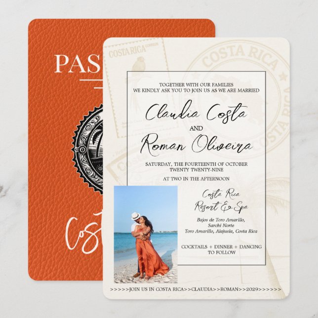 Orange Costa Rica Passport Wedding Invitation (Front/Back)