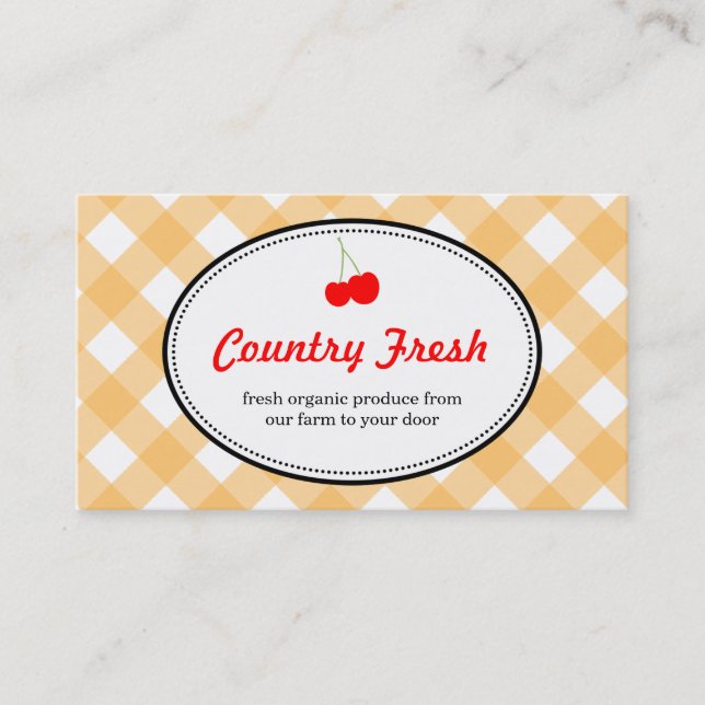 Orange country gingham pattern red cherry produce business card (Front)