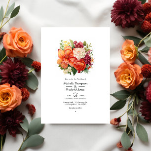 Orange, Cranberry, and Green Floral Wedding Invitation