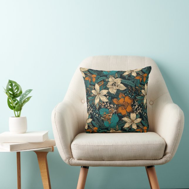 Orange Cream and Green Batik Florals Throw Pillow (Chair)