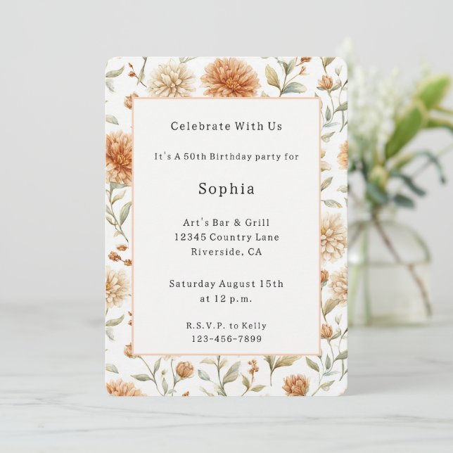 Orange Cream Flowers Birthday Invitation (Standing Front)