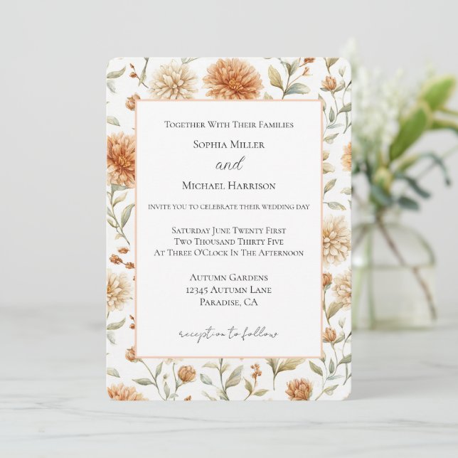 Orange Cream Flowers Wedding Invitation (Standing Front)