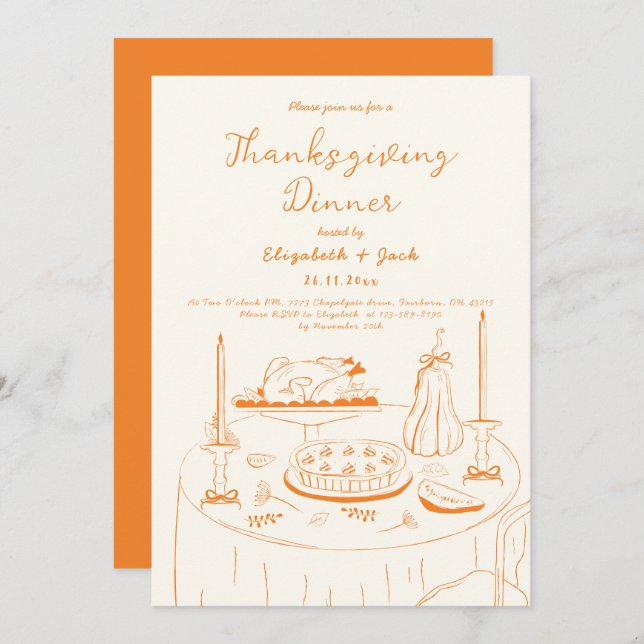 Orange & Cream Hand Drawn Doodle Thanksgiving  Invitation (Front/Back)