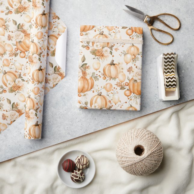 Orange Cream Pumpkins Flowers Wrapping Paper (Crafts)