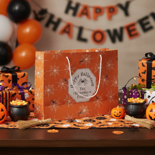 Orange Creepy Spider Webs Custom Halloween Large Gift Bag