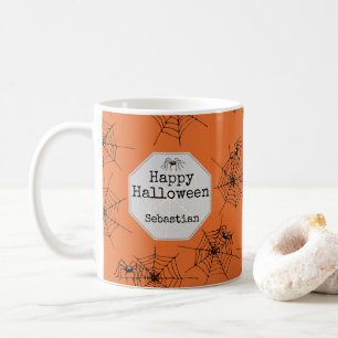 Orange Creepy Spiders and Webs Happy Halloween Coffee Mug