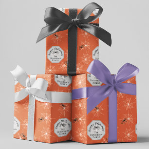 Orange Creepy Spiders Custom Family Name Halloween Wrapping Paper