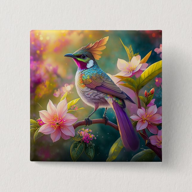 Orange Crested Rainbow Jay Fantasy Bird 2 Inch Square Button (Front)