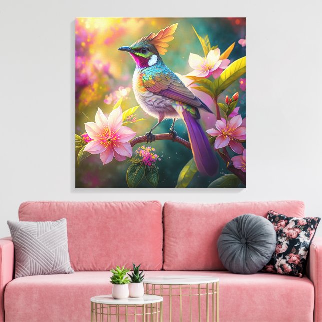 Orange Crested Rainbow Jay Fantasy Bird Canvas Print (Insitu(LivingRoom))