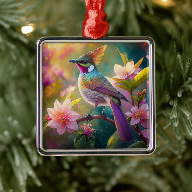 Orange Crested Rainbow Jay Fantasy Bird Metal Ornament (Tree)