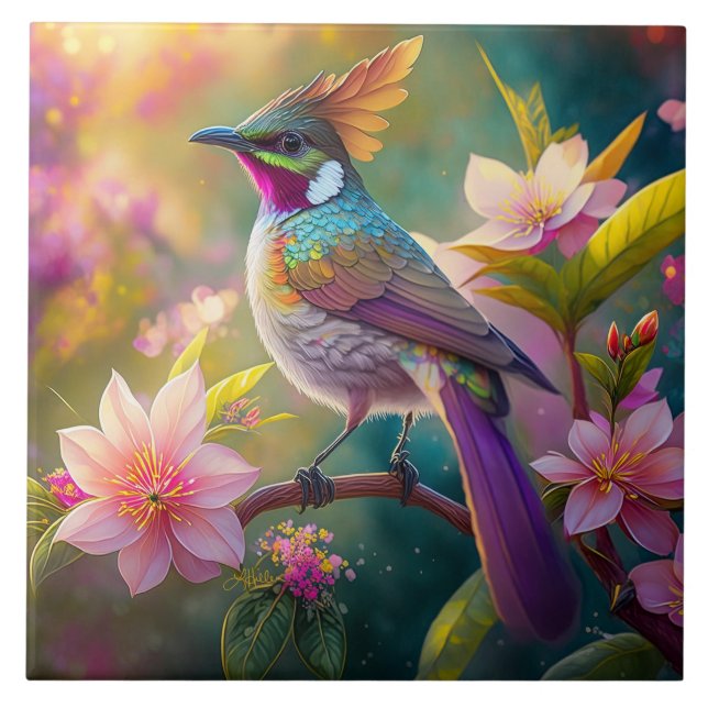 Orange Crested Rainbow Jay Fantasy Bird Tile (Front)