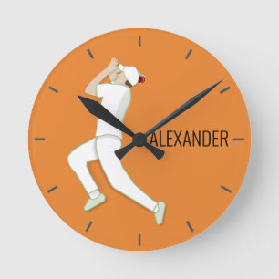 Orange Cricketer Bowling Round Clock