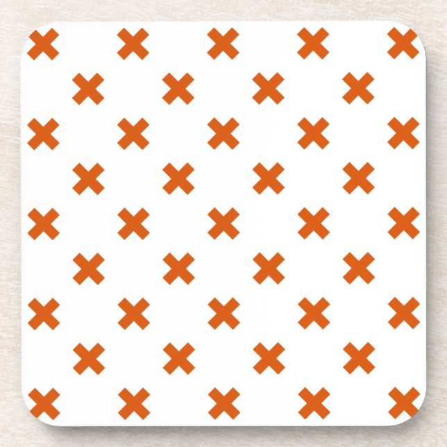 Orange cross stitches on white coaster (Front)