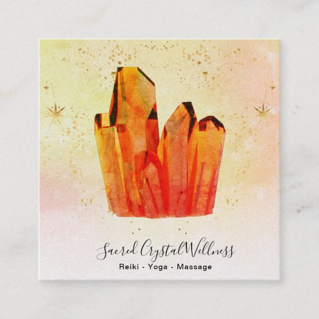 ~ Orange Crystal Cluster Pastel Rainbow Stars Square Business Card (Front)