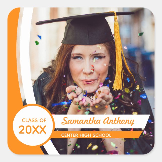 Orange Curved Frame Photo Graduation Square Sticker (Front)