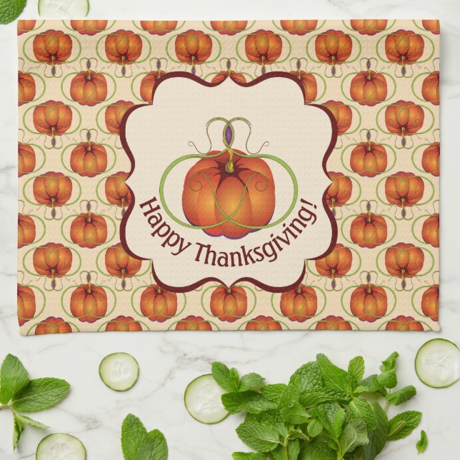 Orange Curvy Pumpkin Autumn Pattern Kitchen Towel (Folded)