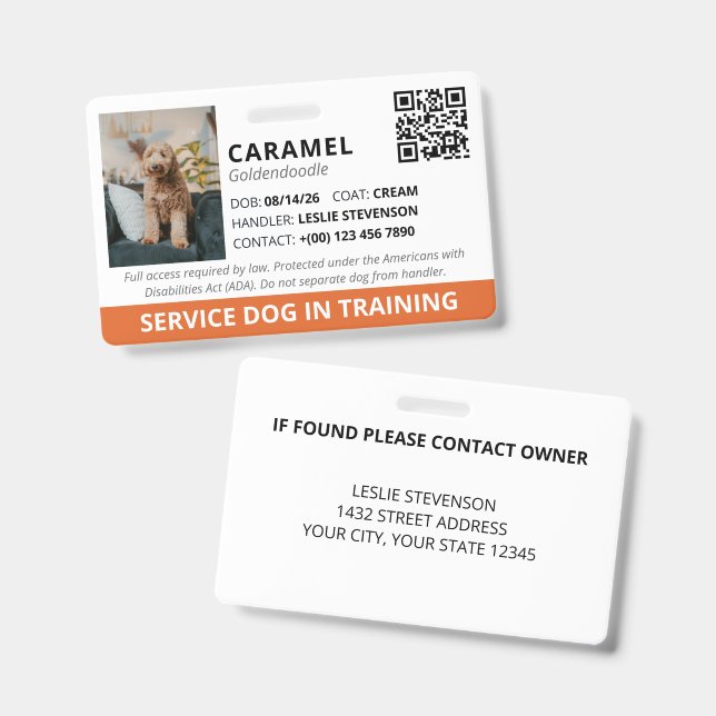 Orange Custom QR Code Service Dog In Training Badge (Front & Back)