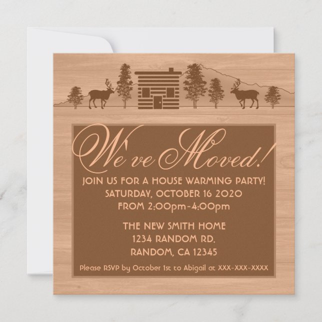 Orange customizable log cabin moving invitations (Front)
