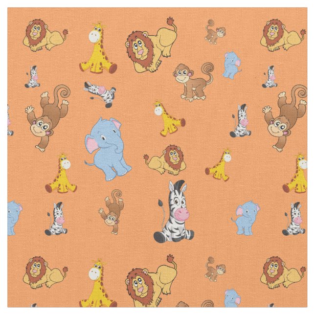 orange Cute safari animal pattern - Giraffe, eleph Fabric (Close Up)