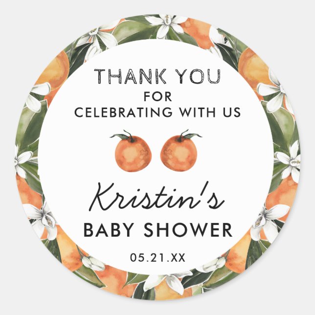 Orange Cutie Twins Baby Shower Thank You Favour Classic Round Sticker (Front)