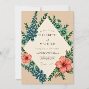 Orange Cyan Hibiscus Eucalyptus Wedding Invitation