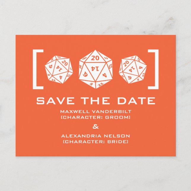 Orange D20 Dice Gamer Save the Date Postcard (Front)