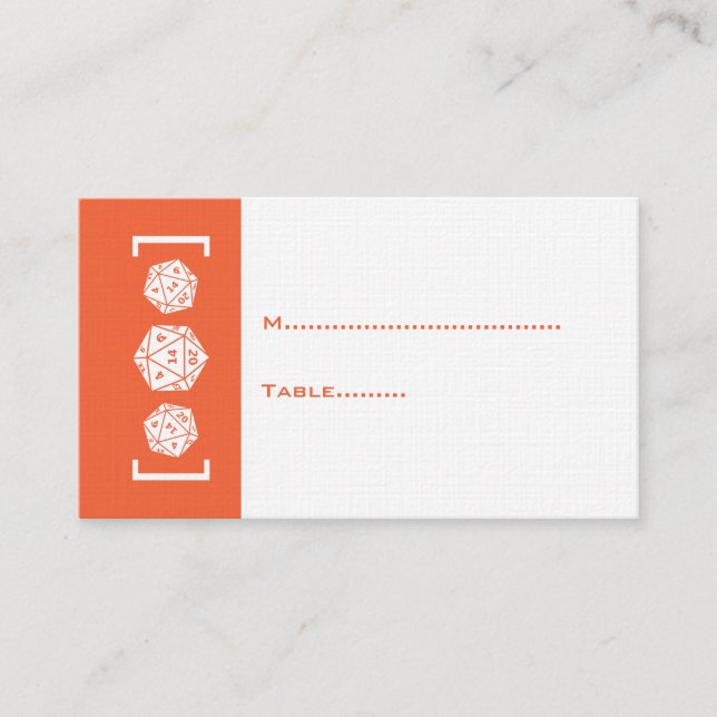Orange D20 Dice Gamer Wedding Place Card (Front)