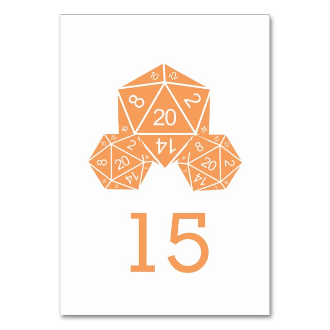 Orange D20 Dice Wedding Table Card (Front)
