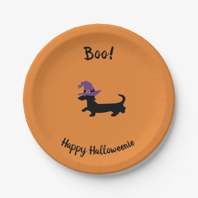 Orange Dachshund Witch Halloween Paper Plates (Front)