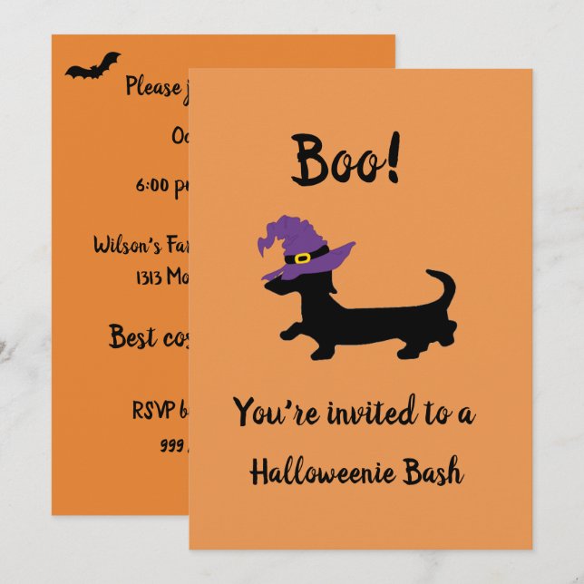 Orange Dachshund Witch Halloween Party Invitations (Front/Back)