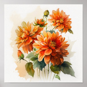 Orange Dahlias Flower Art Print Poster