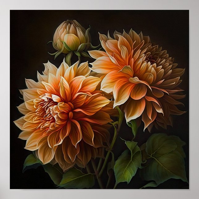 Orange Dahlias Flower Art Print Poster (Front)