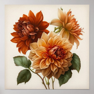 Orange Dahlias Flower Art Print Poster
