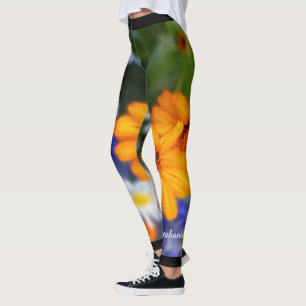 Orange Daisies Floral with Personalized Name Leggings