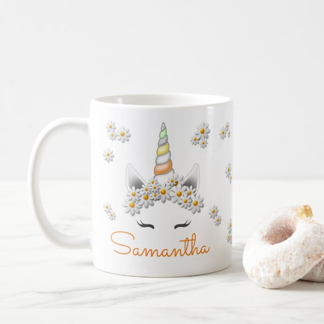 Orange Daisies Unicorn Princess Crown Coffee Mug (With Donut)