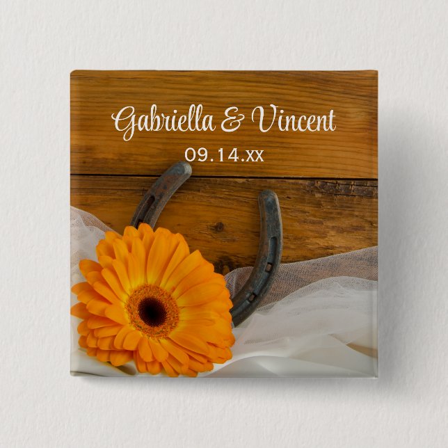 Orange Daisy and Horseshoe Country Western Wedding 2 Inch Square Button (Front)